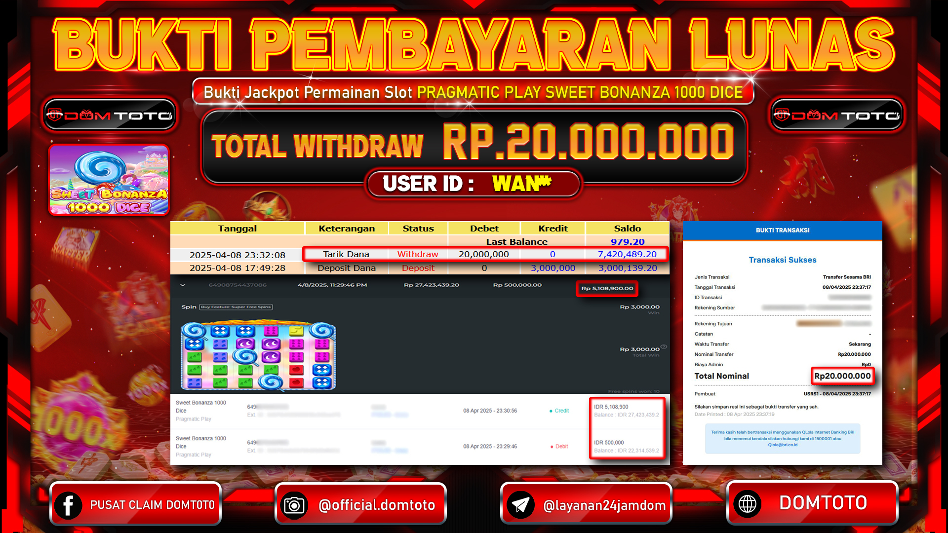 JACKPOT SLOT SWEET BONANZA 1000 DICE 08 APRIL 2025